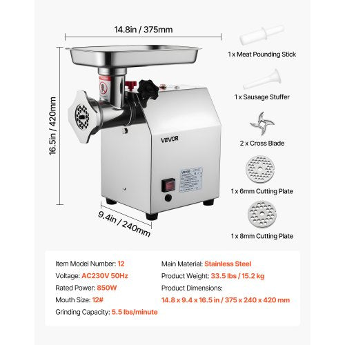 Commercial Electric Meat Grinder 5.5 Lbs/Min Sausage Stuffer Kitchen