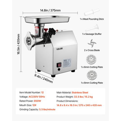 Commercial Electric Meat Grinder 5.5 Lbs/Min Sausage Stuffer Kitchen