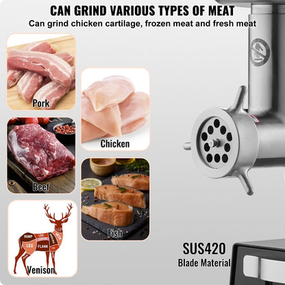 Meat Grinder, 9 Lbs/Min Capacity Electric Meat Grinders with Blade, Grinding Plate, Sausage Maker, Stainless Steel Commercial Meat Mincer for Kitchen Restaurant Butcher Store
