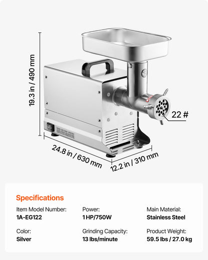Meat Grinder, 13 Lbs/Min Capacity Electric Meat Grinders with Blade, Grinding Plate, Sausage Maker, Stainless Steel Commercial Meat Mincer for Kitchen Restaurant Butcher Store
