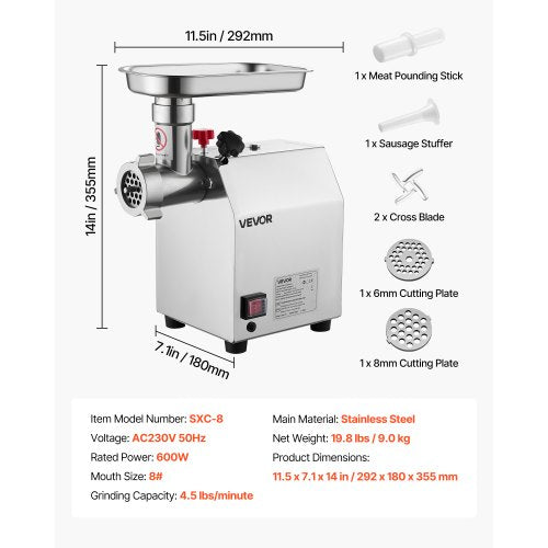 Commercial Electric Meat Grinder 4.5 Lbs/Min Sausage Stuffer Kitchen