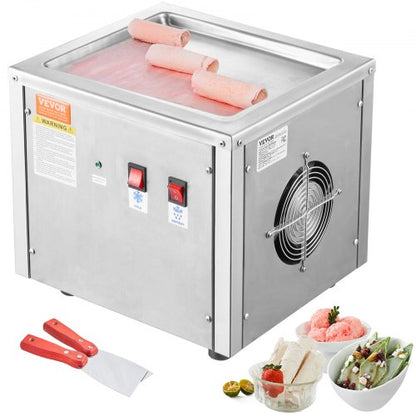 Fried Ice Cream Roll Machine, 11" x 9.5" Stir-Fried Ice Cream Pan, Stainless Steel Rolled Ice Cream Maker with Compressor and 2 Scrapers, for Making Ice Cream, Frozen Yogurt, Ice Cream Rolls