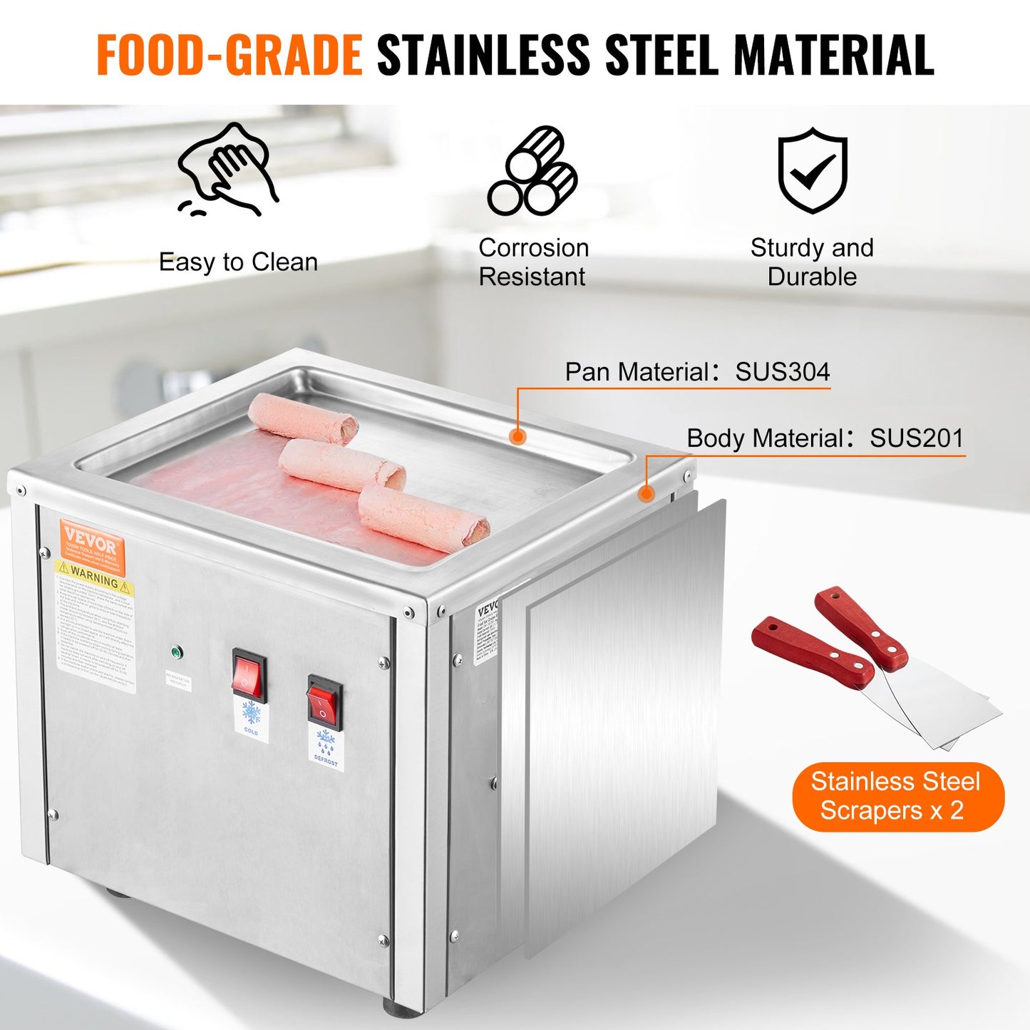 Fried Ice Cream Roll Machine, 11" x 9.5" Stir-Fried Ice Cream Pan, Stainless Steel Rolled Ice Cream Maker with Compressor and 2 Scrapers, for Making Ice Cream, Frozen Yogurt, Ice Cream Rolls