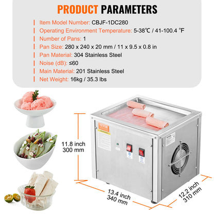 Fried Ice Cream Roll Machine, 11" x 9.5" Stir-Fried Ice Cream Pan, Stainless Steel Rolled Ice Cream Maker with Compressor and 2 Scrapers, for Making Ice Cream, Frozen Yogurt, Ice Cream Rolls