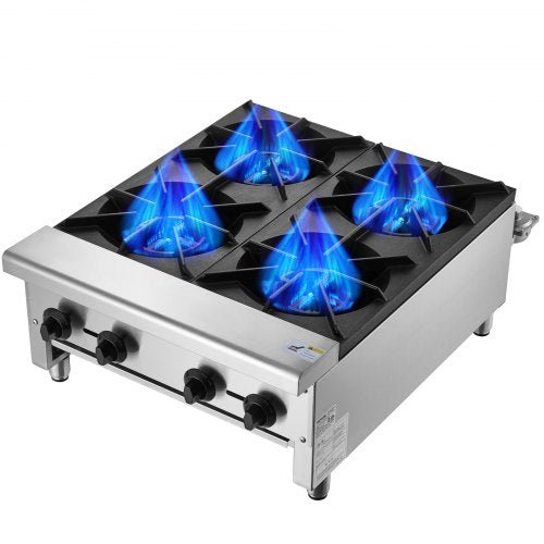 Commercial Gas Stove with 4 Burners, Propane and Natural Gas Countertop Cooking Stove Range, Stainless Steel Gas Hot Plate, Commercial Cooking Equipment for Restaurant, 112,000 BTU