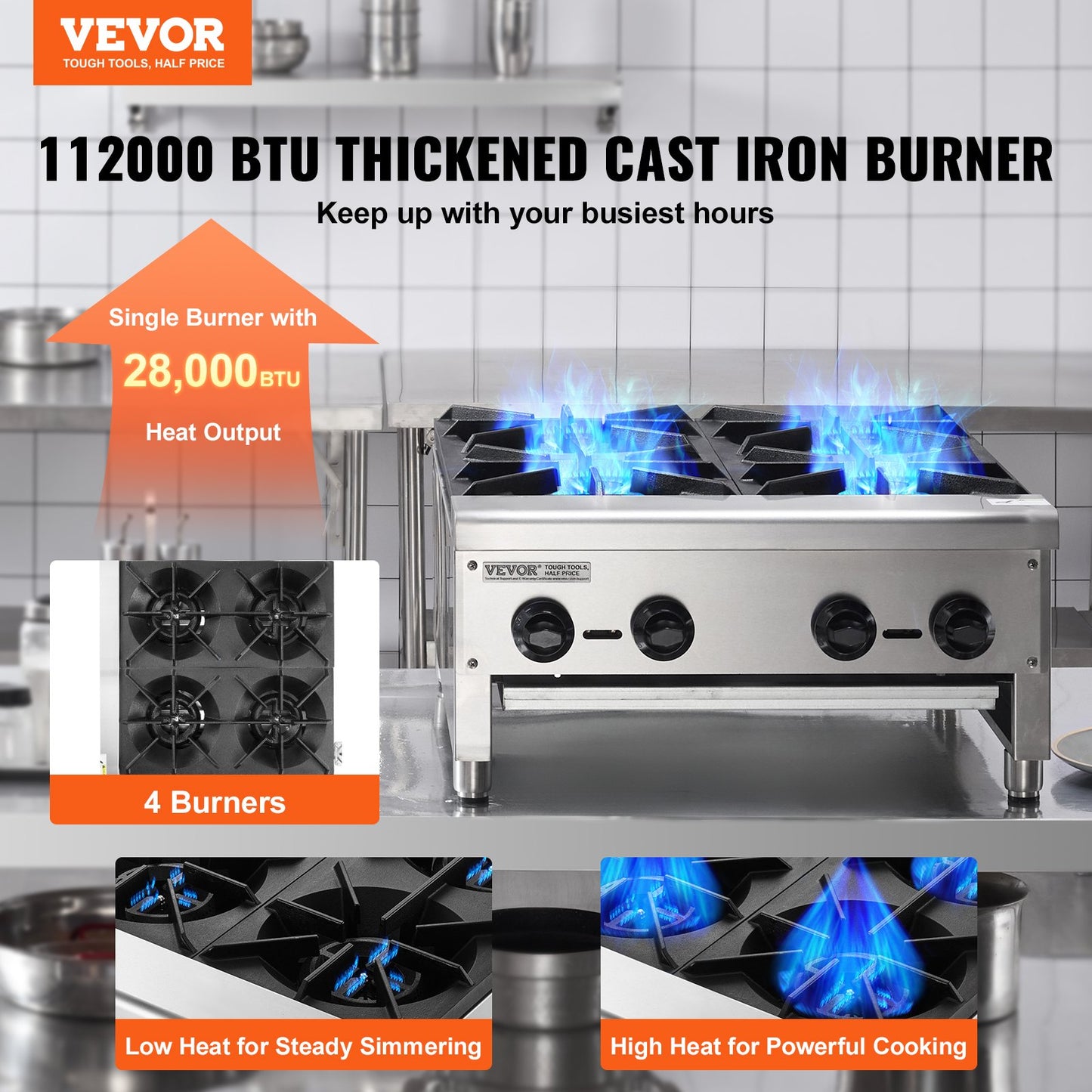 Commercial Gas Stove with 4 Burners, Propane and Natural Gas Countertop Cooking Stove Range, Stainless Steel Gas Hot Plate, Commercial Cooking Equipment for Restaurant, 112,000 BTU