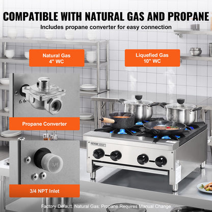 Commercial Gas Stove with 4 Burners, Propane and Natural Gas Countertop Cooking Stove Range, Stainless Steel Gas Hot Plate, Commercial Cooking Equipment for Restaurant, 112,000 BTU