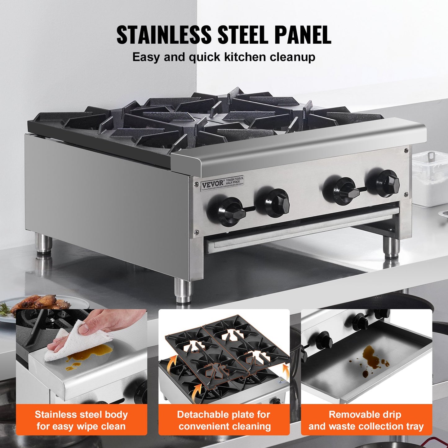 Commercial Gas Stove with 4 Burners, Propane and Natural Gas Countertop Cooking Stove Range, Stainless Steel Gas Hot Plate, Commercial Cooking Equipment for Restaurant, 112,000 BTU