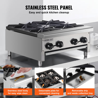 Commercial Gas Stove with 4 Burners, Propane and Natural Gas Countertop Cooking Stove Range, Stainless Steel Gas Hot Plate, Commercial Cooking Equipment for Restaurant, 112,000 BTU