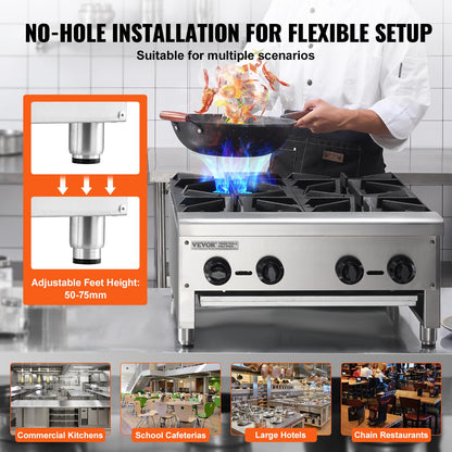 Commercial Gas Stove with 4 Burners, Propane and Natural Gas Countertop Cooking Stove Range, Stainless Steel Gas Hot Plate, Commercial Cooking Equipment for Restaurant, 112,000 BTU