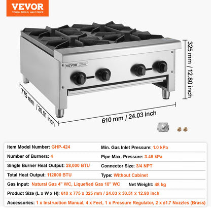 Commercial Gas Stove with 4 Burners, Propane and Natural Gas Countertop Cooking Stove Range, Stainless Steel Gas Hot Plate, Commercial Cooking Equipment for Restaurant, 112,000 BTU