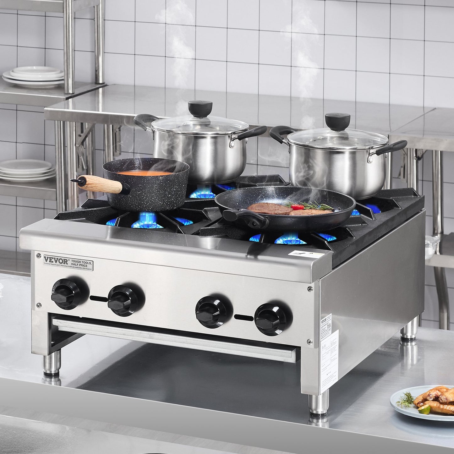 Commercial Gas Stove with 4 Burners, Propane and Natural Gas Countertop Cooking Stove Range, Stainless Steel Gas Hot Plate, Commercial Cooking Equipment for Restaurant, 112,000 BTU