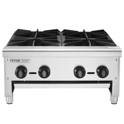 Commercial Gas Stove with 4 Burners, Propane and Natural Gas Countertop Cooking Stove Range, Stainless Steel Gas Hot Plate, Commercial Cooking Equipment for Restaurant, 112,000 BTU