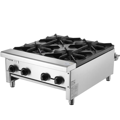 Commercial Gas Stove with 4 Burners, Propane and Natural Gas Countertop Cooking Stove Range, Stainless Steel Gas Hot Plate, Commercial Cooking Equipment for Restaurant, 112,000 BTU