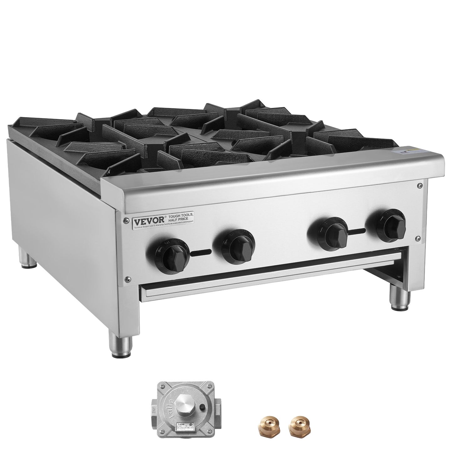 Commercial Gas Stove with 4 Burners, Propane and Natural Gas Countertop Cooking Stove Range, Stainless Steel Gas Hot Plate, Commercial Cooking Equipment for Restaurant, 112,000 BTU