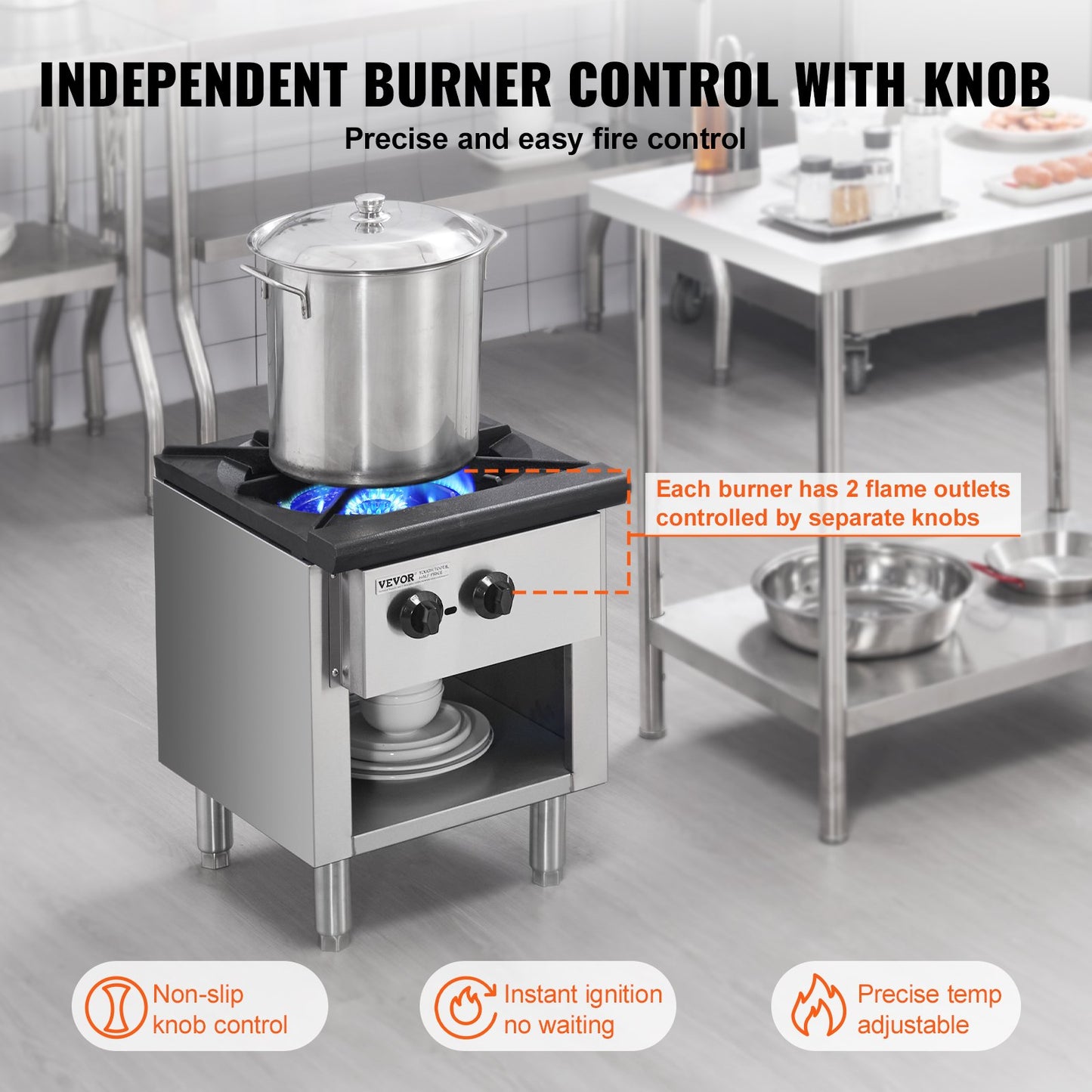 Commercial Gas Stove with Cabinet, Propane and Natural Gas Countertop Cooking Stove Range, Stainless Steel Gas Hot Plate, Commercial Cooking Equipment for Restaurant, 90,000 BTU