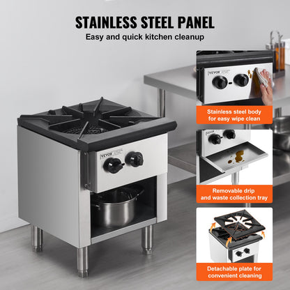 Commercial Gas Stove with Cabinet, Propane and Natural Gas Countertop Cooking Stove Range, Stainless Steel Gas Hot Plate, Commercial Cooking Equipment for Restaurant, 90,000 BTU