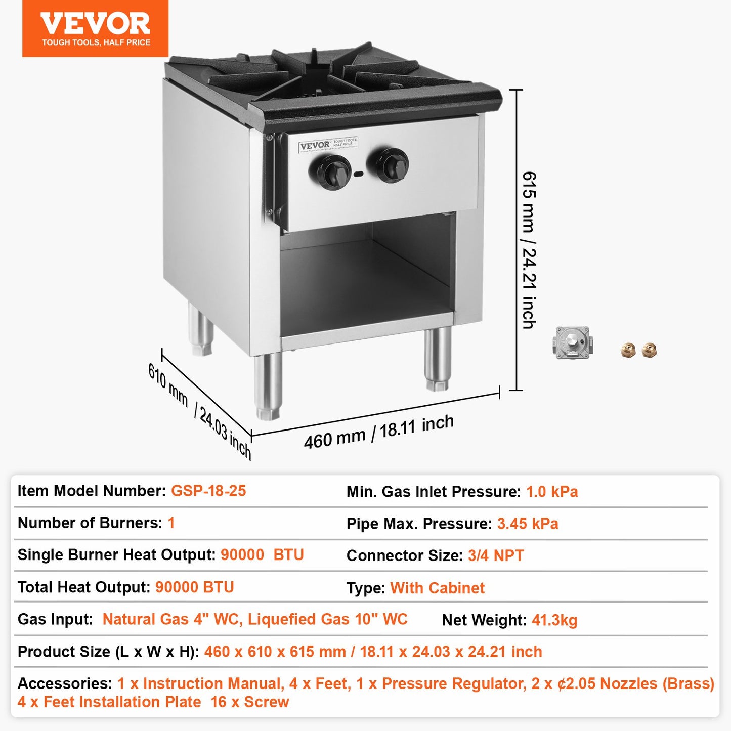 Commercial Gas Stove with Cabinet, Propane and Natural Gas Countertop Cooking Stove Range, Stainless Steel Gas Hot Plate, Commercial Cooking Equipment for Restaurant, 90,000 BTU