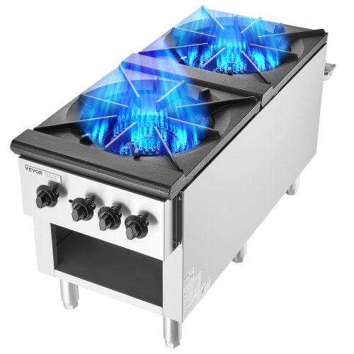 Commercial Gas Stove with 2 Burners, Propane and Natural Gas Countertop Cooking Stove Range, Stainless Steel Gas Hot Plate, Commercial Cooking Equipment for Restaurant, 180,000 BTU