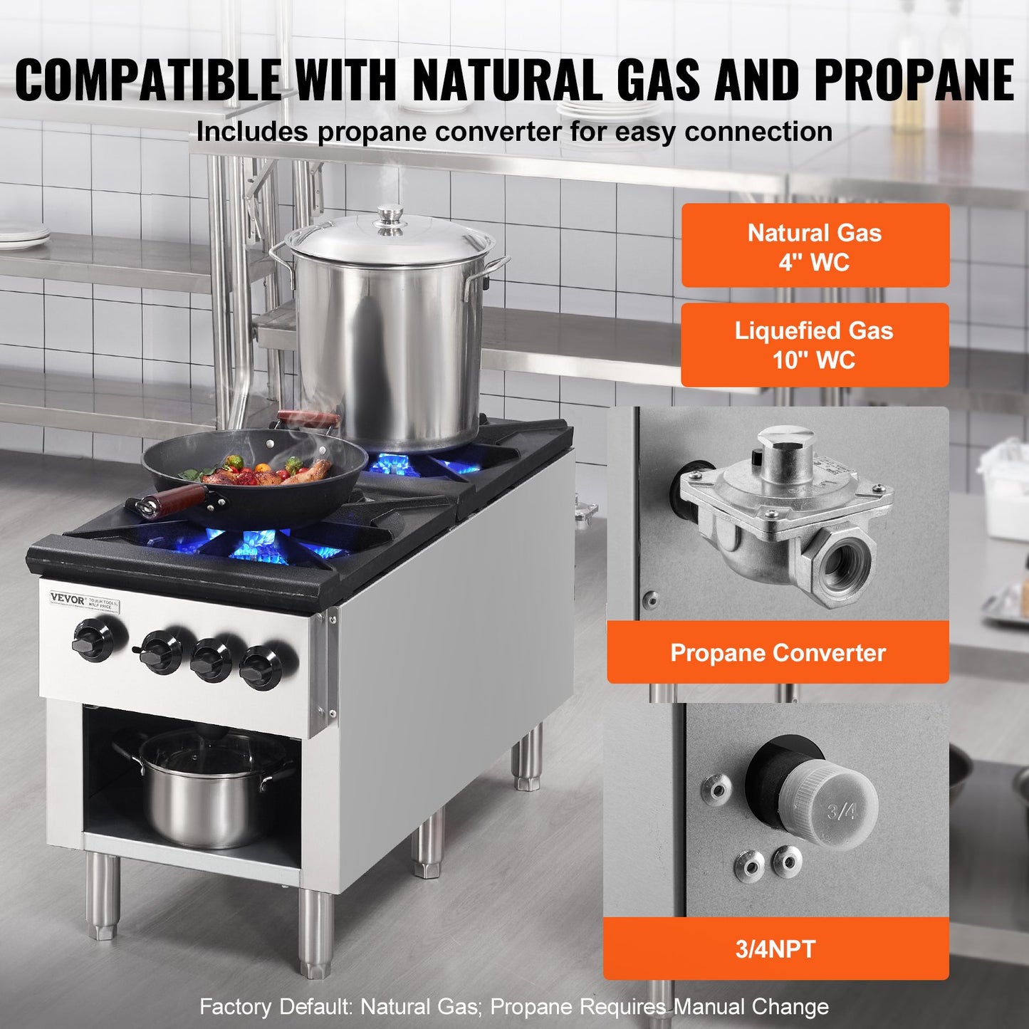 Commercial Gas Stove with 2 Burners, Propane and Natural Gas Countertop Cooking Stove Range, Stainless Steel Gas Hot Plate, Commercial Cooking Equipment for Restaurant, 180,000 BTU