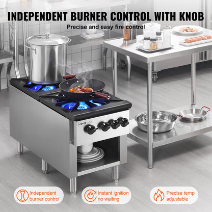 Commercial Gas Stove with 2 Burners, Propane and Natural Gas Countertop Cooking Stove Range, Stainless Steel Gas Hot Plate, Commercial Cooking Equipment for Restaurant, 180,000 BTU