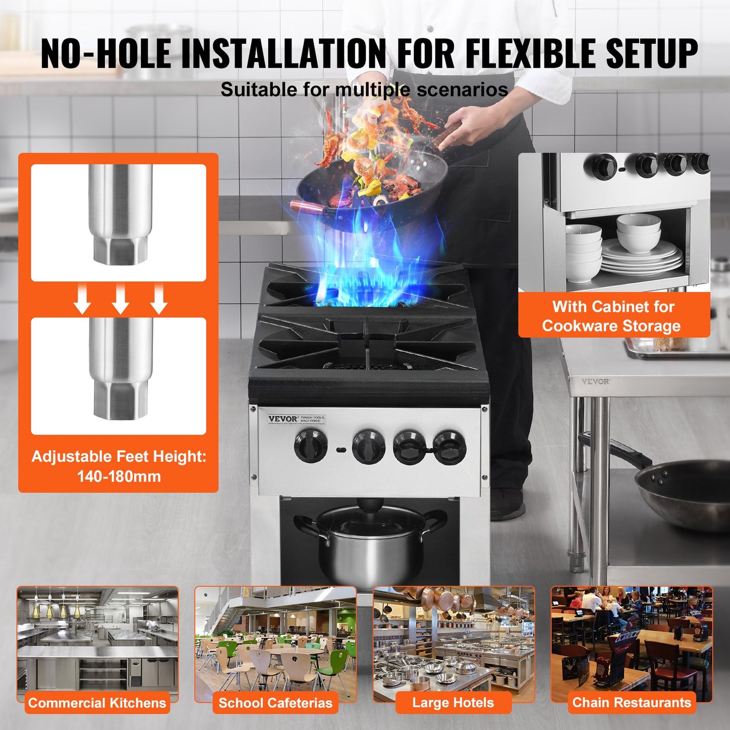 Commercial Gas Stove with 2 Burners, Propane and Natural Gas Countertop Cooking Stove Range, Stainless Steel Gas Hot Plate, Commercial Cooking Equipment for Restaurant, 180,000 BTU