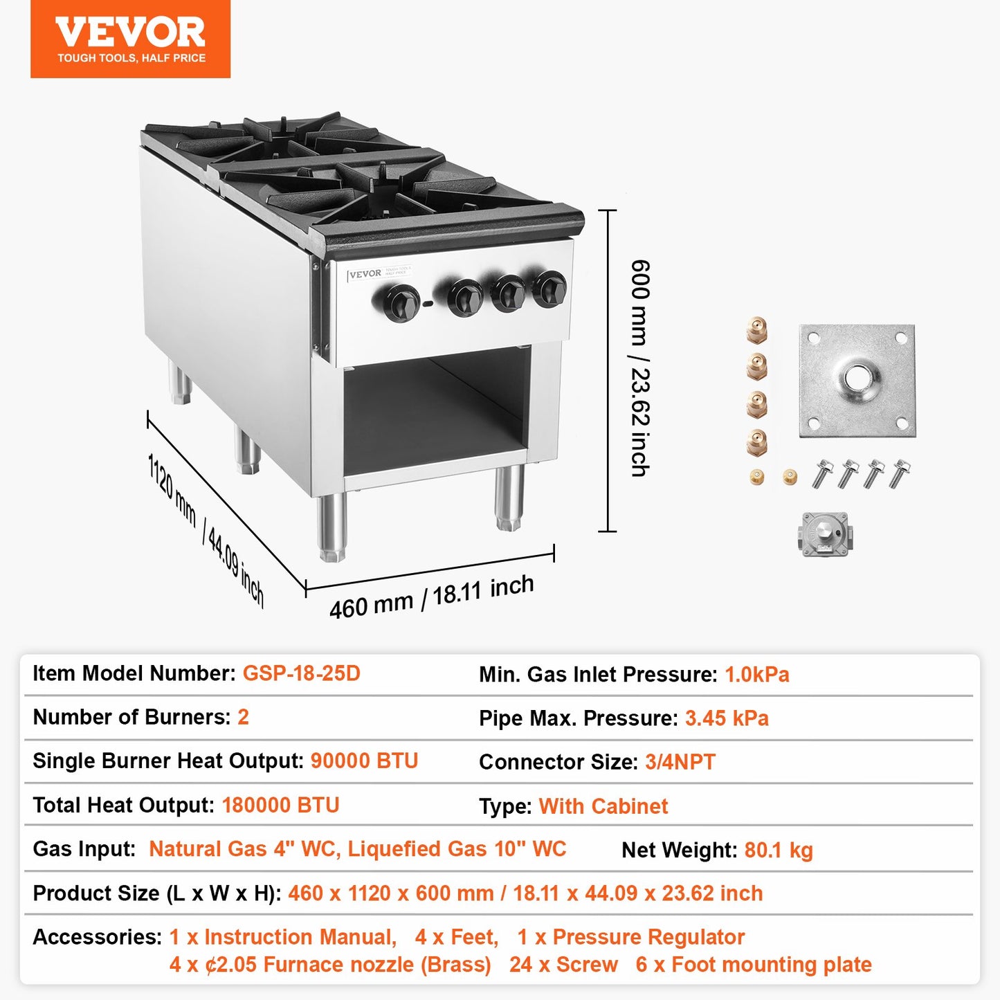 Commercial Gas Stove with 2 Burners, Propane and Natural Gas Countertop Cooking Stove Range, Stainless Steel Gas Hot Plate, Commercial Cooking Equipment for Restaurant, 180,000 BTU
