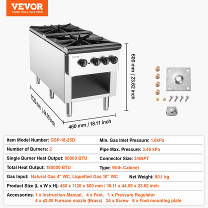 Commercial Gas Stove with 2 Burners, Propane and Natural Gas Countertop Cooking Stove Range, Stainless Steel Gas Hot Plate, Commercial Cooking Equipment for Restaurant, 180,000 BTU