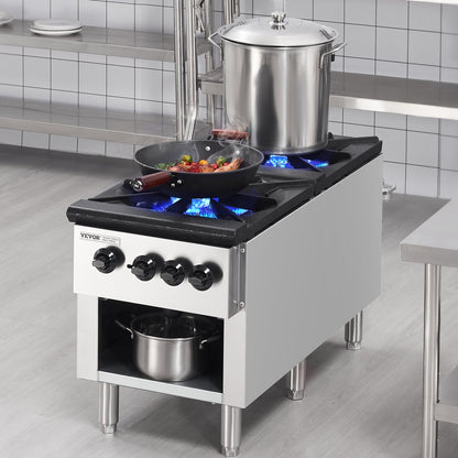 Commercial Gas Stove with 2 Burners, Propane and Natural Gas Countertop Cooking Stove Range, Stainless Steel Gas Hot Plate, Commercial Cooking Equipment for Restaurant, 180,000 BTU