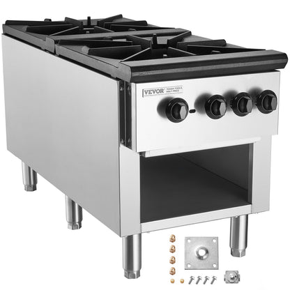 Commercial Gas Stove with 2 Burners, Propane and Natural Gas Countertop Cooking Stove Range, Stainless Steel Gas Hot Plate, Commercial Cooking Equipment for Restaurant, 180,000 BTU