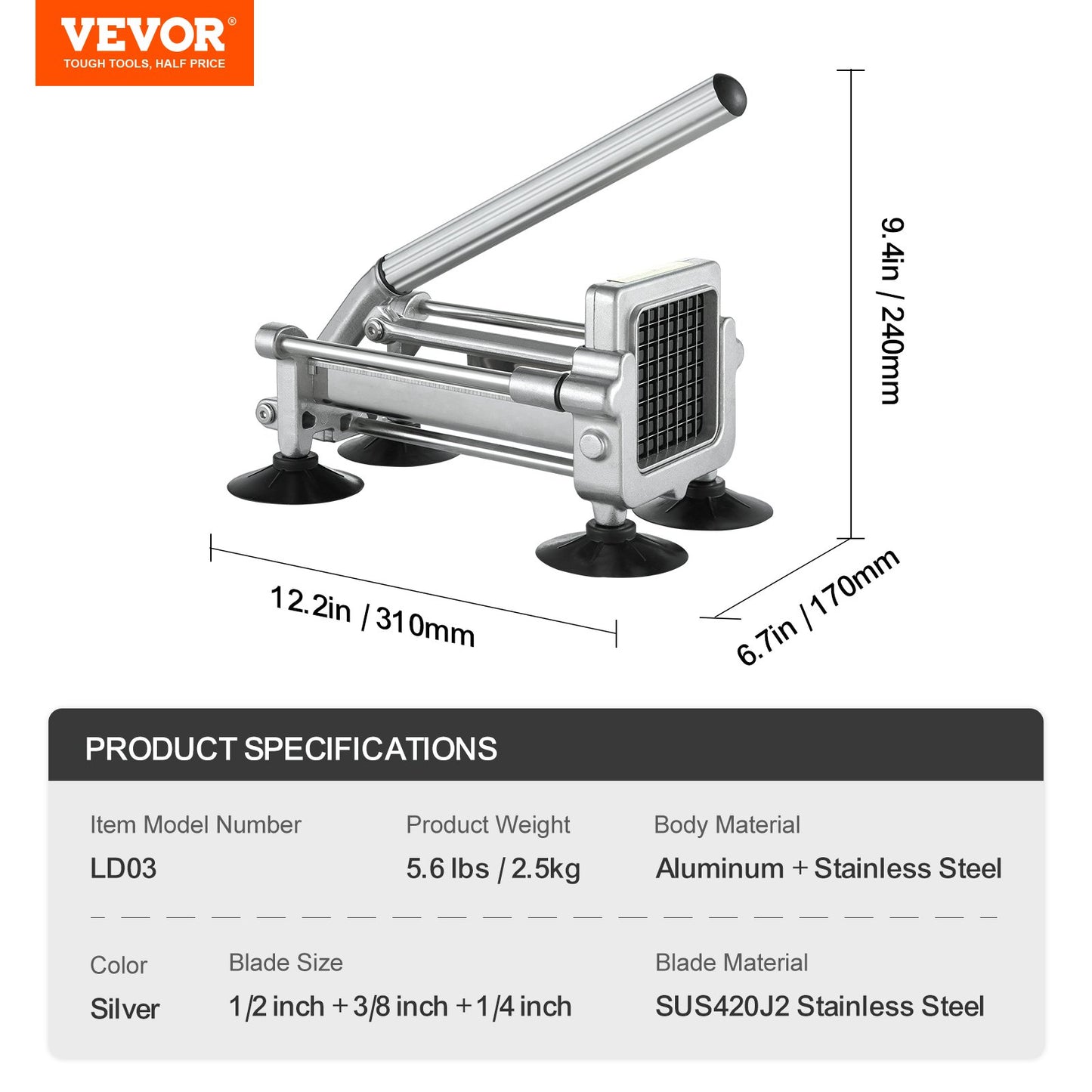 French Fry Cutter, Potato Slicer with 1/2" 3/8" 1/4" Stainless Steel Blades, Manual Potato Cutter Chopper with Suction Cups, Great for Potato, French Fries, Cucumber, Vegetables, Carrot