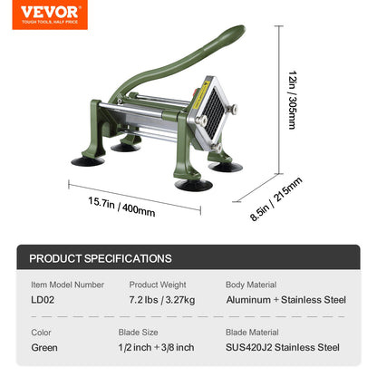 French Fry Cutter, Potato Slicer with 1/2-Inch and 3/8-Inch Stainless Steel Blades, Manual Potato Cutter Chopper with Suction Cups, Great for Potato, French Fries, Cucumber, Vegetables, Carrot