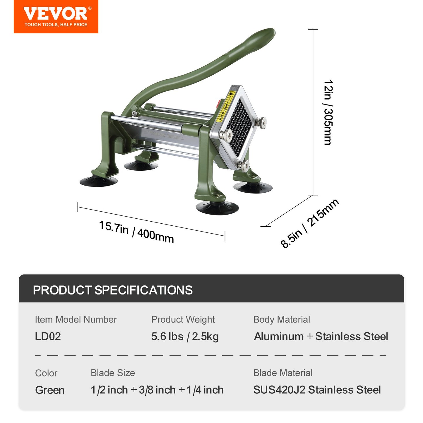 French Fry Cutter, Potato Slicer with 3/8-Inch Stainless Steel Blade, Manual Potato Cutter Chopper with Suction Cups, Great for Potato, French Fries, Cucumber, Vegetables, Carrot