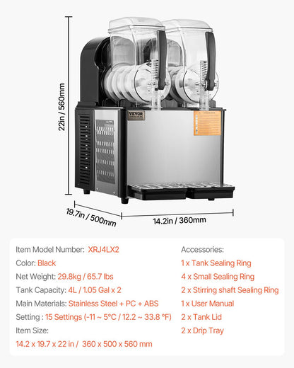 4Lx2 Tank Kommersiell Slushy Machine Margarita Smoothie Frozen Drink Maker