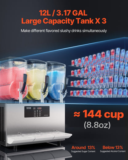 12Lx3 Tank Kommersiell Slushy Machine Margarita Smoothie Frozen Drink Maker