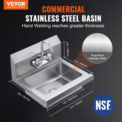 Commercial Sink with Faucet, NSF Stainless Steel Sink for Laundry, Small Hand Sink, Wall Mounted Sink, Sink for Restaurant, Kitchen, Bar, Garage and Home, 17 x 12.8 Inch