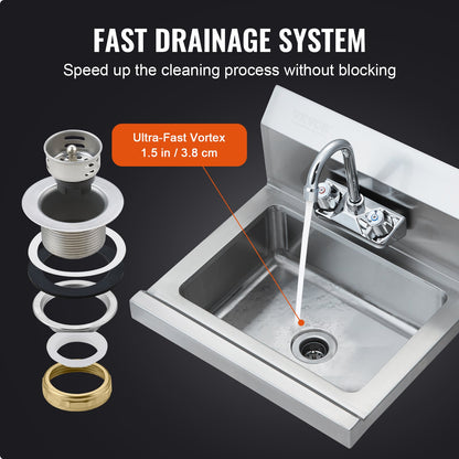 Commercial Hand Sink with Faucet, Stainless Steel Sink for Washing, Small Hand Washing Sink, Wall Mount Hand Basin, Utility Sink for Restaurant, Kitchen, Bar, Garage and Home, 17 x 12.8 inch