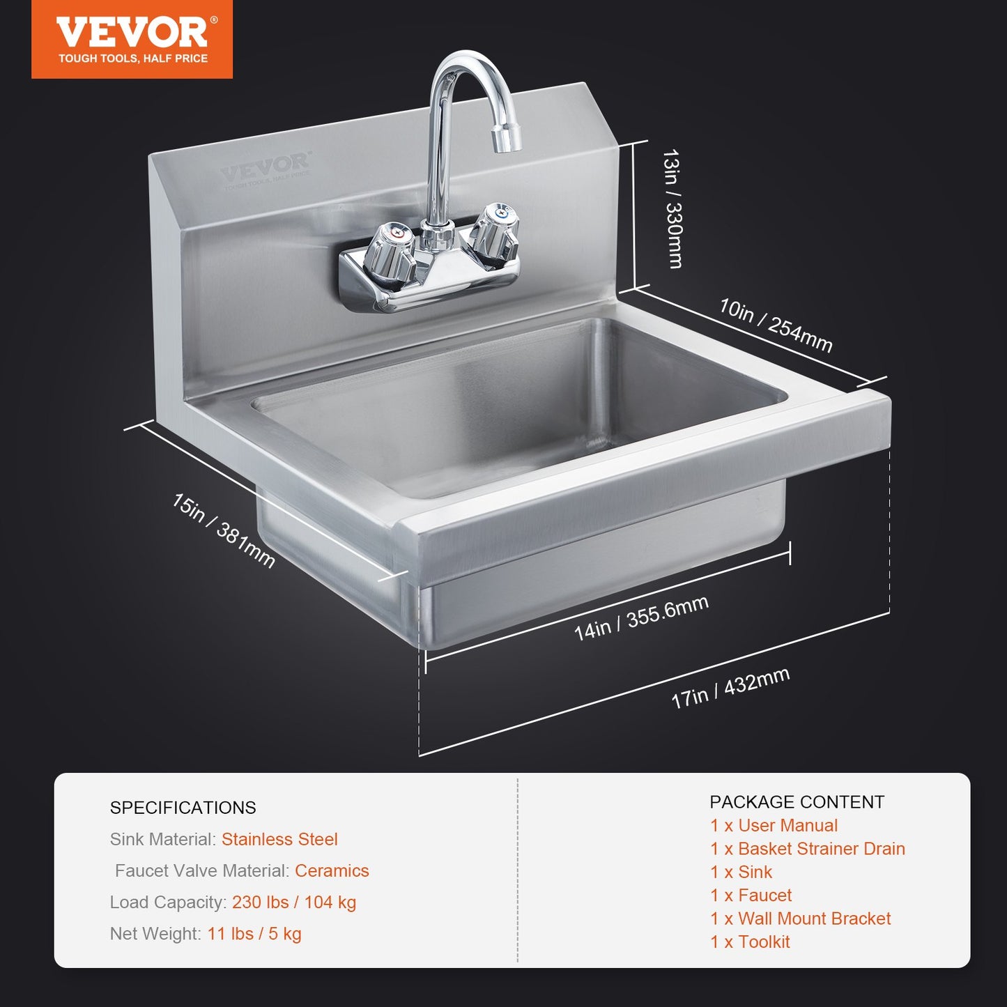 Commercial Hand Sink with Faucet, Stainless Steel Sink for Washing, Small Hand Washing Sink, Wall Mount Hand Basin, Utility Sink for Restaurant, Kitchen, Bar, Garage and Home, 17 x 12.8 inch