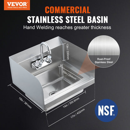 Commercial Sink with Faucet and Side Splash, NSF Stainless Steel Sink for Laundry, Small Hand Sink, Wall Mounted Sink for Restaurant, Kitchen, Bar, Garage and Home, 17x12.8 Inch