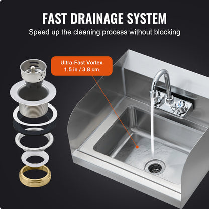 Commercial Hand Sink with Faucet and Side Splash, Stainless Steel Sink for Washing, Small Hand Washing Sink, Wall Mount Hand Basin for Restaurant, Kitchen, Bar, Garage and Home, 17x12.8 inch