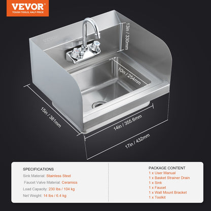 Commercial Hand Sink with Faucet and Side Splash, Stainless Steel Sink for Washing, Small Hand Washing Sink, Wall Mount Hand Basin for Restaurant, Kitchen, Bar, Garage and Home, 17x12.8 inch