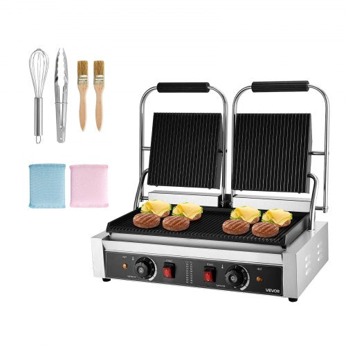 Commercial Panini Grill, 3600W Electric Sandwich Panini Maker, Stainless Steel Double Sandwichs Press with Handle and Temp Control, 19x9 in Full Grooved Enamel Plate, for Hamburger Steak Bacon