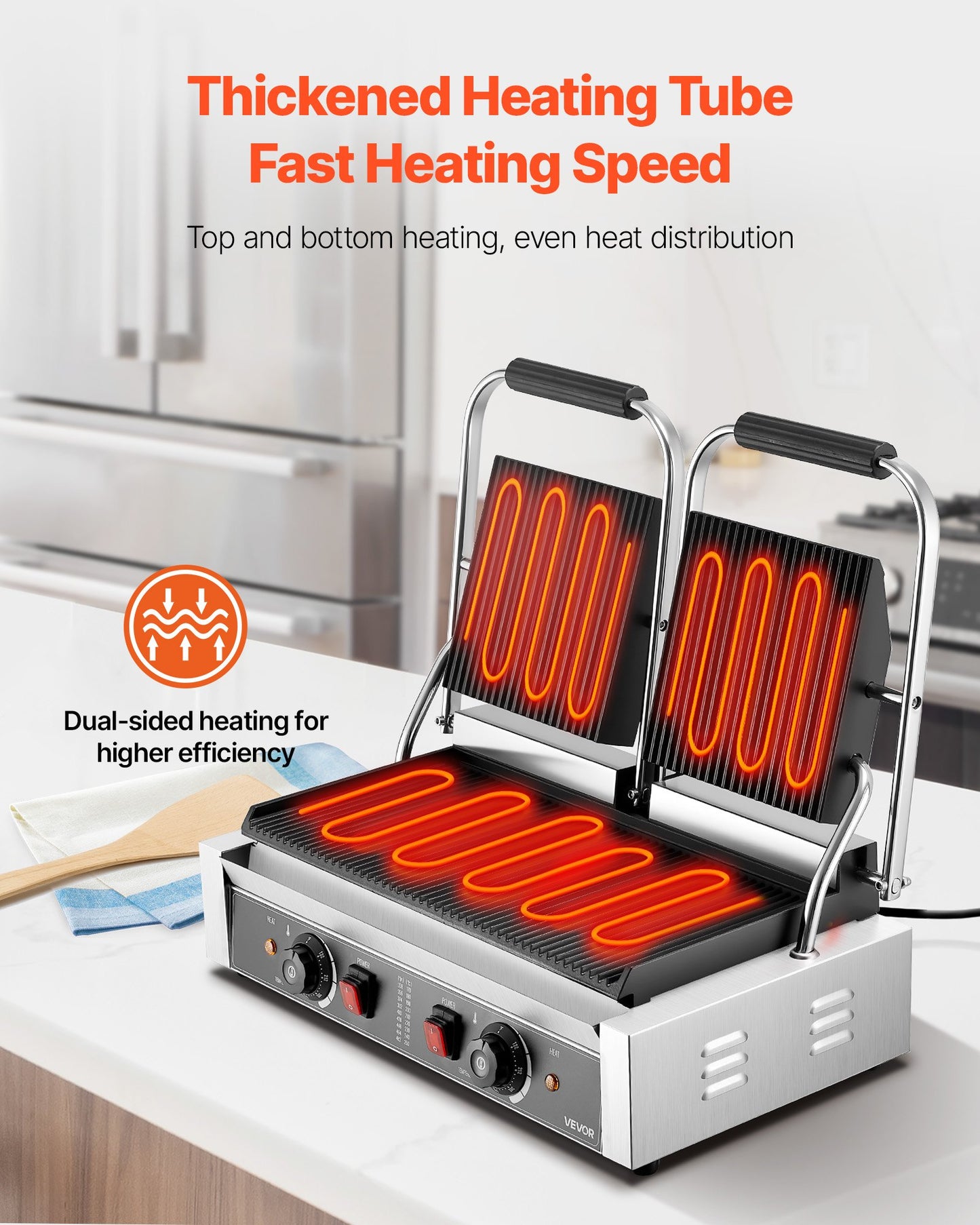 Commercial Panini Grill, 3600W Electric Sandwich Panini Maker, Stainless Steel Double Sandwichs Press with Handle and Temp Control, 19x9 in Full Grooved Enamel Plate, for Hamburger Steak Bacon