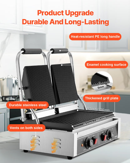 Commercial Panini Grill, 3600W Electric Sandwich Panini Maker, Stainless Steel Double Sandwichs Press with Handle and Temp Control, 19x9 in Full Grooved Enamel Plate, for Hamburger Steak Bacon