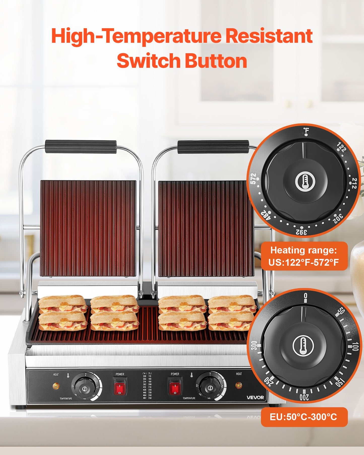 Commercial Panini Grill, 3600W Electric Sandwich Panini Maker, Stainless Steel Double Sandwichs Press with Handle and Temp Control, 19x9 in Full Grooved Enamel Plate, for Hamburger Steak Bacon