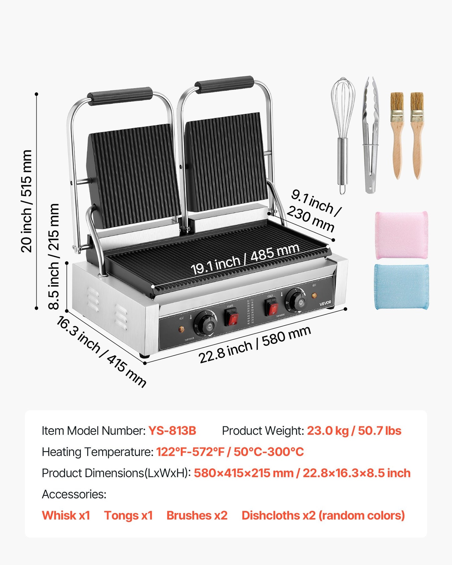 Commercial Panini Grill, 3600W Electric Sandwich Panini Maker, Stainless Steel Double Sandwichs Press with Handle and Temp Control, 19x9 in Full Grooved Enamel Plate, for Hamburger Steak Bacon
