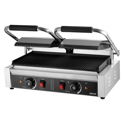 Commercial Panini Grill, 3600W Electric Sandwich Panini Maker, Stainless Steel Double Sandwichs Press with Handle and Temp Control, 19x9 in Full Grooved Enamel Plate, for Hamburger Steak Bacon