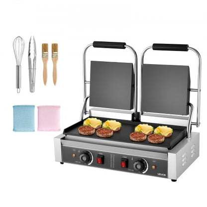 Commercial Panini Grill, 3600W Electric Sandwich Panini Maker, Stainless Steel Double Sandwichs Press with Handle and Temp Control, 19x9 in Full Flat Enamel Plate, for Hamburger Steak Bacon
