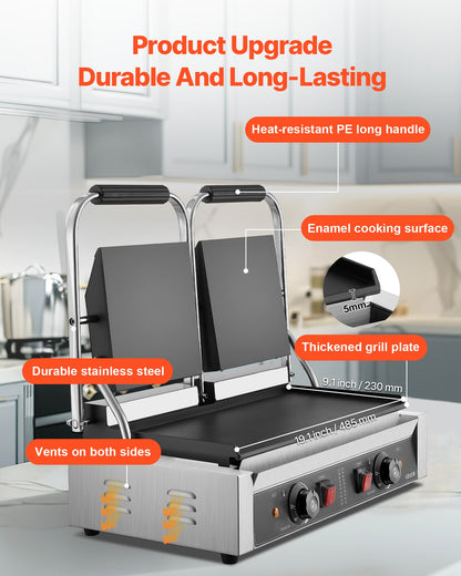 Commercial Panini Grill, 3600W Electric Sandwich Panini Maker, Stainless Steel Double Sandwichs Press with Handle and Temp Control, 19x9 in Full Flat Enamel Plate, for Hamburger Steak Bacon