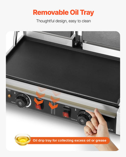 Commercial Panini Grill, 3600W Electric Sandwich Panini Maker, Stainless Steel Double Sandwichs Press with Handle and Temp Control, 19x9 in Full Flat Enamel Plate, for Hamburger Steak Bacon